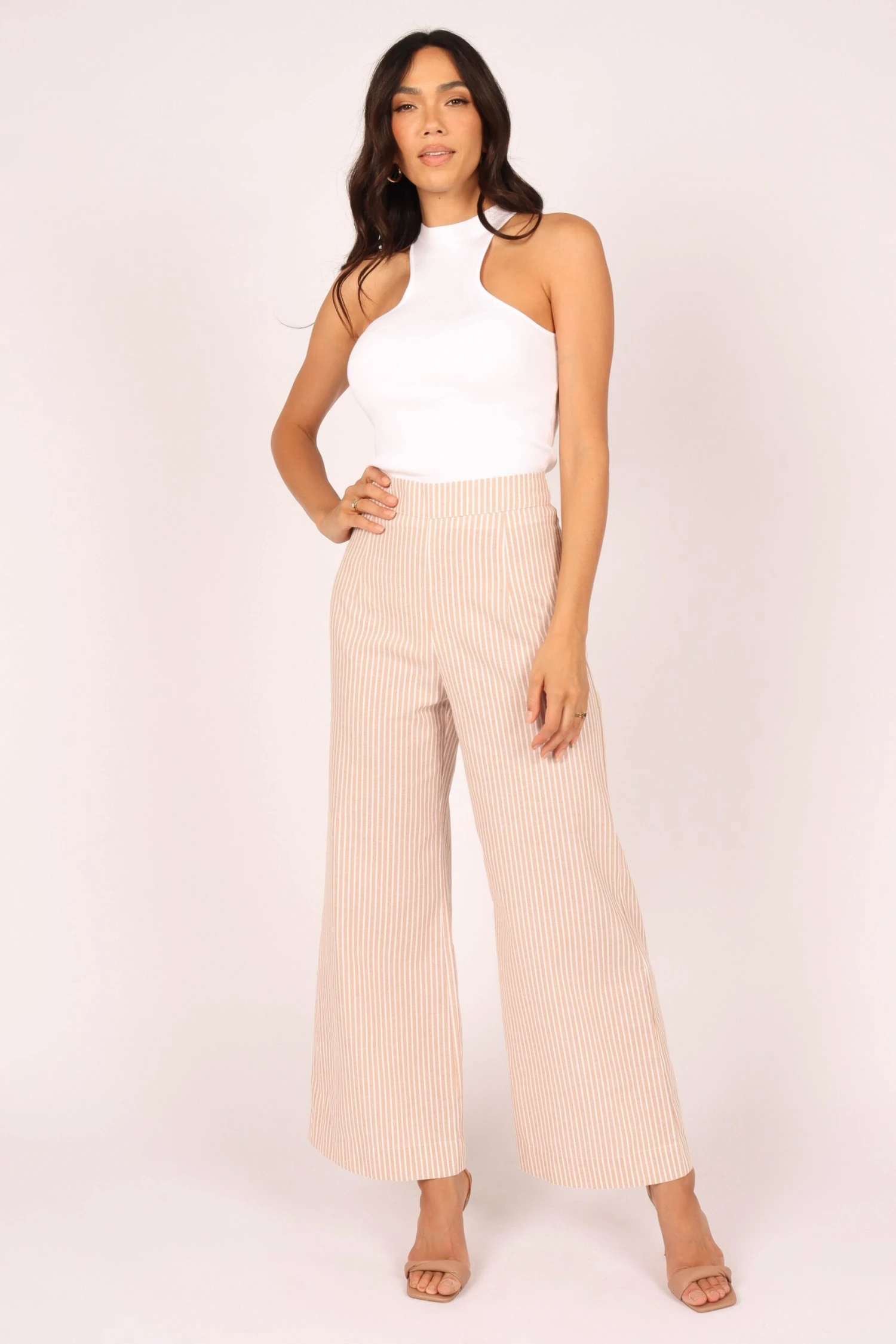 Henry High Waisted Wide Leg Pants - Beige Stripe 2 Henry High Waisted Wide Leg Pants - Beige Stripe