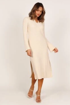 Aubin Long Sleeve Polo Knit Midi Dress - Cream -Giordano Style petal and pup usa dresses aubin long sleeve polo knit maxi dress cream 33240139169969