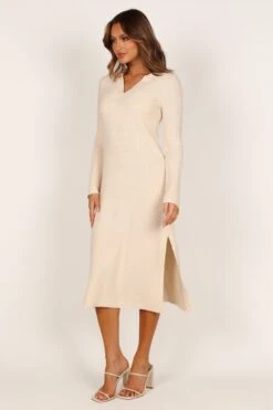 Aubin Long Sleeve Polo Knit Midi Dress - Cream -Giordano Style petal and pup usa dresses aubin long sleeve polo knit maxi dress cream 33240139399345