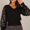 Alexa Sequin Sleeve Vneck Knit Sweater - Black -Giordano Style petal and pup usa knitwear alexa sequin sleeve vneck knit sweater black 32847161589937