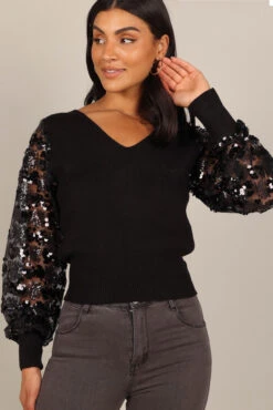 Alexa Sequin Sleeve Vneck Knit Sweater - Black