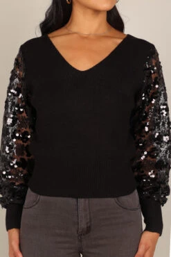 Alexa Sequin Sleeve Vneck Knit Sweater - Black -Giordano Style petal and pup usa knitwear alexa sequin sleeve vneck knit sweater black 32847161622705