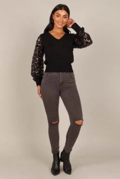 Alexa Sequin Sleeve Vneck Knit Sweater - Black -Giordano Style petal and pup usa knitwear alexa sequin sleeve vneck knit sweater black 32847161655473