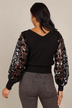 Giordano Style -Giordano Style petal and pup usa knitwear alexa sequin sleeve vneck knit sweater black 32847161721009