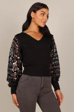 Alexa Sequin Sleeve Vneck Knit Sweater - Black -Giordano Style petal and pup usa knitwear alexa sequin sleeve vneck knit sweater black 32847161753777