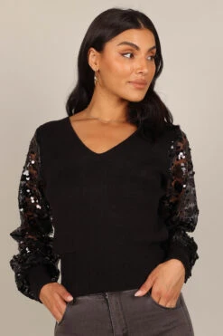 Alexa Sequin Sleeve Vneck Knit Sweater - Black -Giordano Style petal and pup usa knitwear alexa sequin sleeve vneck knit sweater black 32847161786545