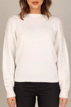 Amber Pearl Sleeve Detail Crewneck Knit Sweater - Cream -Giordano Style petal and pup usa knitwear amber pearl sleeve detail crewneck knit sweater cream 32893679927473