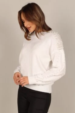 Amber Pearl Sleeve Detail Crewneck Knit Sweater - Cream -Giordano Style petal and pup usa knitwear amber pearl sleeve detail crewneck knit sweater cream 32893679993009