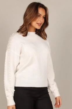 Amber Pearl Sleeve Detail Crewneck Knit Sweater - Cream -Giordano Style petal and pup usa knitwear amber pearl sleeve detail crewneck knit sweater cream 32893680091313