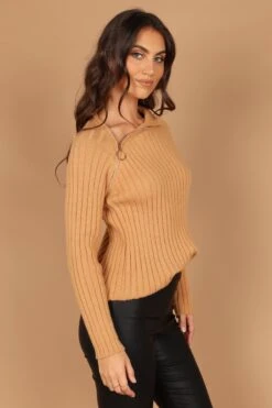 Angelina Angled Quarter Zip Knit Sweater - Camel -Giordano Style petal and pup usa knitwear angelina angled quarter zip knit sweater camel 32557452066993