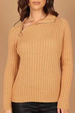 Angelina Angled Quarter Zip Knit Sweater - Camel -Giordano Style petal and pup usa knitwear angelina angled quarter zip knit sweater camel 32557452132529