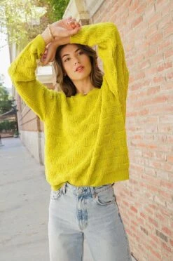 Basket Weave Pattern Knit Sweater - Chartreuse