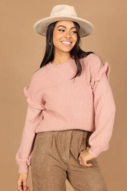Bethany Drop Sleeve Ruffle Knit Sweater - Light Pink