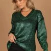 Cameron Crewneck Metallic Knit Sweater - Green 1 Cameron Crewneck Metallic Knit Sweater - Green -Giordano Style petal and pup usa knitwear cameron crewneck metallic knit sweater green 32619399413937