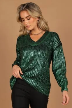 Cameron Crewneck Metallic Knit Sweater - Green