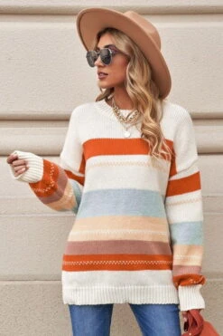 Drop-shoulder Striped Color Block Sweater - Cream Multi -Giordano Style petal and pup usa knitwear drop shoulder striped color block sweater 33264078323889