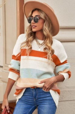 Drop-shoulder Striped Color Block Sweater - Cream Multi