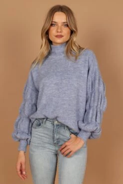 Gabriella Mock Neck Sleeve Detail Knit Sweater - Dusty Blue