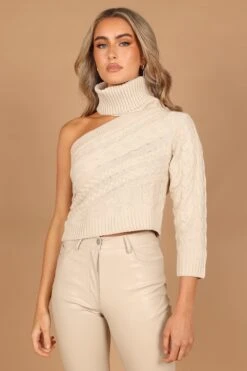 Goldie Turtleneck One-Shoulder Cut-Out Knit Sweater - Beige
