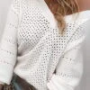 Hollow Out Long Sleeve Knit Sweater - White -Giordano Style petal and pup usa knitwear hollow out long sleeve knit sweater white 32713792913585