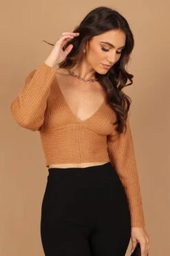 Kat Bow Back Crop Knit Sweater - Camel