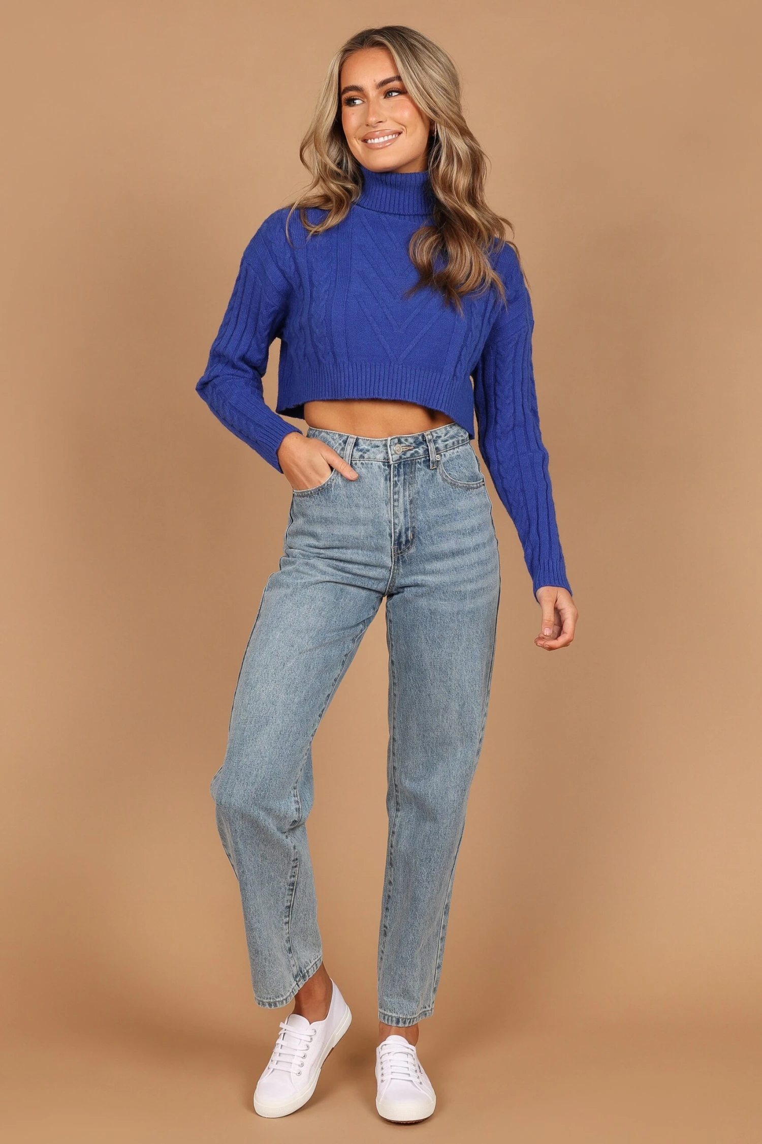 Kellan Turtleneck Cable Crop Knit Sweater - Blue 9 Kellan Turtleneck Cable Crop Knit Sweater - Blue - Image 7