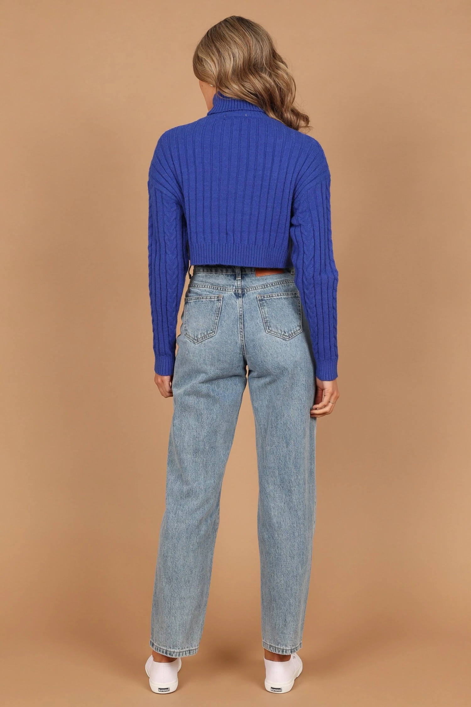Kellan Turtleneck Cable Crop Knit Sweater - Blue 4 Kellan Turtleneck Cable Crop Knit Sweater - Blue - Image 2