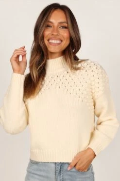 Mia Textured Shoulder Knit Sweater - Cream