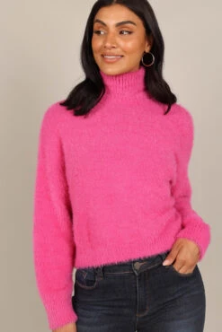 Monica Fuzzy Turtleneck Knit Sweater - Hot Pink