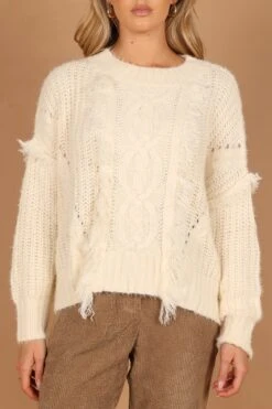 Piper Crewneck Fringed Knit Sweater - Ivory -Giordano Style petal and pup usa knitwear piper crewneck fringed knit sweater ivory 32627506741425