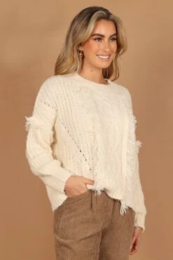 Piper Crewneck Fringed Knit Sweater - Ivory -Giordano Style petal and pup usa knitwear piper crewneck fringed knit sweater ivory 32627506839729