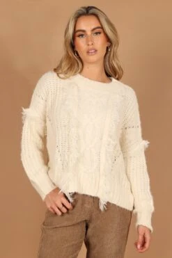 Piper Crewneck Fringed Knit Sweater - Ivory -Giordano Style petal and pup usa knitwear piper crewneck fringed knit sweater ivory 32627506872497