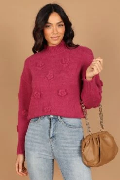Raquel Mock Neck Flower Detail Knit Sweater - Berry