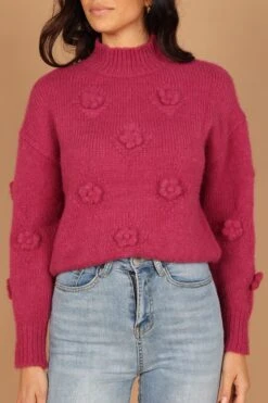 Raquel Mock Neck Flower Detail Knit Sweater - Berry -Giordano Style petal and pup usa knitwear raquel mock neck flower detail knit sweater berry 32536260018353