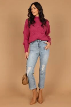 Raquel Mock Neck Flower Detail Knit Sweater - Berry -Giordano Style petal and pup usa knitwear raquel mock neck flower detail knit sweater berry 32536260051121