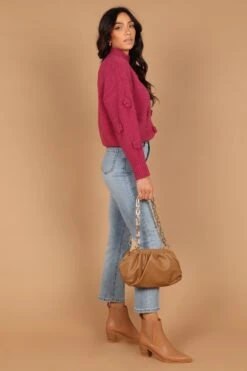 Raquel Mock Neck Flower Detail Knit Sweater - Berry -Giordano Style petal and pup usa knitwear raquel mock neck flower detail knit sweater berry 32536260116657