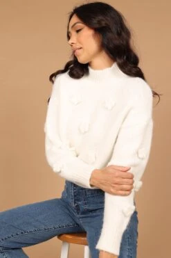 Raquel Mock Neck Flower Detail Knit Sweater - White -Giordano Style petal and pup usa knitwear raquel mock neck flower detail knit sweater white 32542546591921