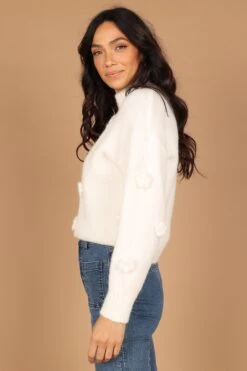 Raquel Mock Neck Flower Detail Knit Sweater - White -Giordano Style petal and pup usa knitwear raquel mock neck flower detail knit sweater white 32542546690225