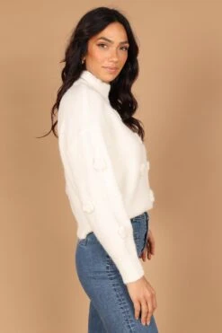 Raquel Mock Neck Flower Detail Knit Sweater - White -Giordano Style petal and pup usa knitwear raquel mock neck flower detail knit sweater white 32542546821297