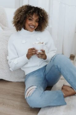 Raquel Mock Neck Flower Detail Knit Sweater - White