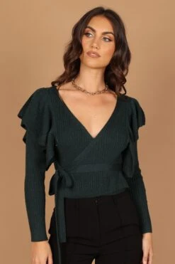 Reese Ruffle Shoulder Wrap Knit Sweater - Hunter Green -Giordano Style petal and pup usa knitwear reese ruffle shoulder wrap knit sweater hunter green 32542549672113