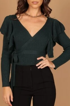 Reese Ruffle Shoulder Wrap Knit Sweater - Hunter Green -Giordano Style petal and pup usa knitwear reese ruffle shoulder wrap knit sweater hunter green 32542549704881