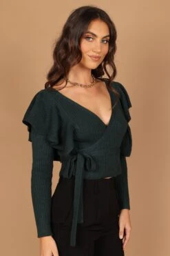 Reese Ruffle Shoulder Wrap Knit Sweater - Hunter Green -Giordano Style petal and pup usa knitwear reese ruffle shoulder wrap knit sweater hunter green 32542549868721