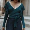 Reese Ruffle Shoulder Wrap Knit Sweater - Hunter Green -Giordano Style petal and pup usa knitwear reese ruffle shoulder wrap knit sweater hunter green 32740214374577