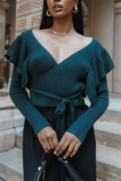 Reese Ruffle Shoulder Wrap Knit Sweater - Hunter Green -Giordano Style petal and pup usa knitwear reese ruffle shoulder wrap knit sweater hunter green 32740215849137