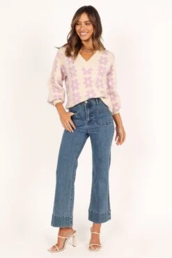 Remi Vneck Flower Knit Sweater - Lilac -Giordano Style petal and pup usa knitwear remi vneck flower knit sweater lilac 34007526047921