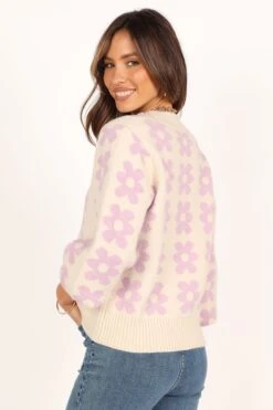 Remi Vneck Flower Knit Sweater - Lilac -Giordano Style petal and pup usa knitwear remi vneck flower knit sweater lilac 34007526113457