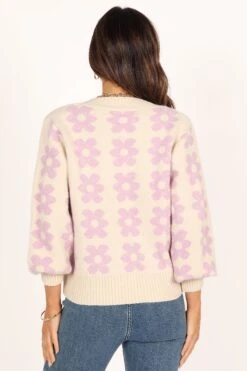 Remi Vneck Flower Knit Sweater - Lilac -Giordano Style petal and pup usa knitwear remi vneck flower knit sweater lilac 34007526146225