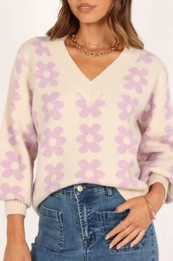 Remi Vneck Flower Knit Sweater - Lilac -Giordano Style petal and pup usa knitwear remi vneck flower knit sweater lilac 34007526277297