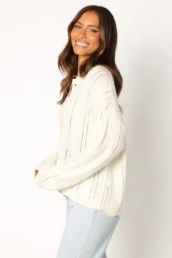 Simone Button Front Collar Knit Sweater - White -Giordano Style petal and pup usa knitwear simone button front collar knit sweater white 33987173875889